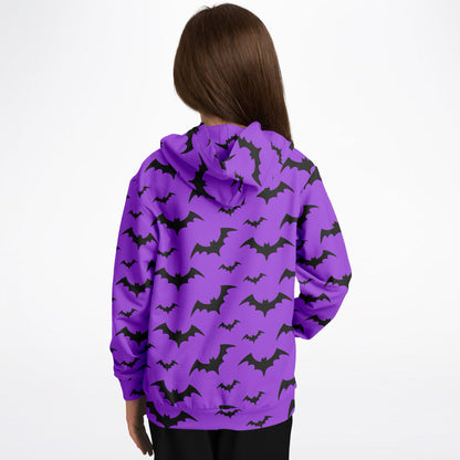 Kids Purple Bats Halloween Hoodie – Cozy Cotton Fleece or Lightweight Sports Fabric