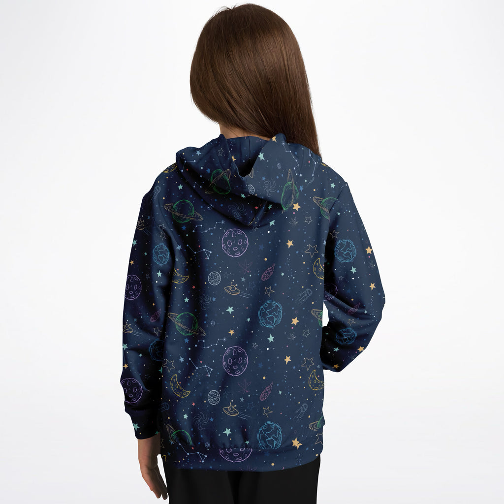 Navy blue kids colorful galaxy space hoodie with whimsical pastel planet print in cozy cotton fleece fabric