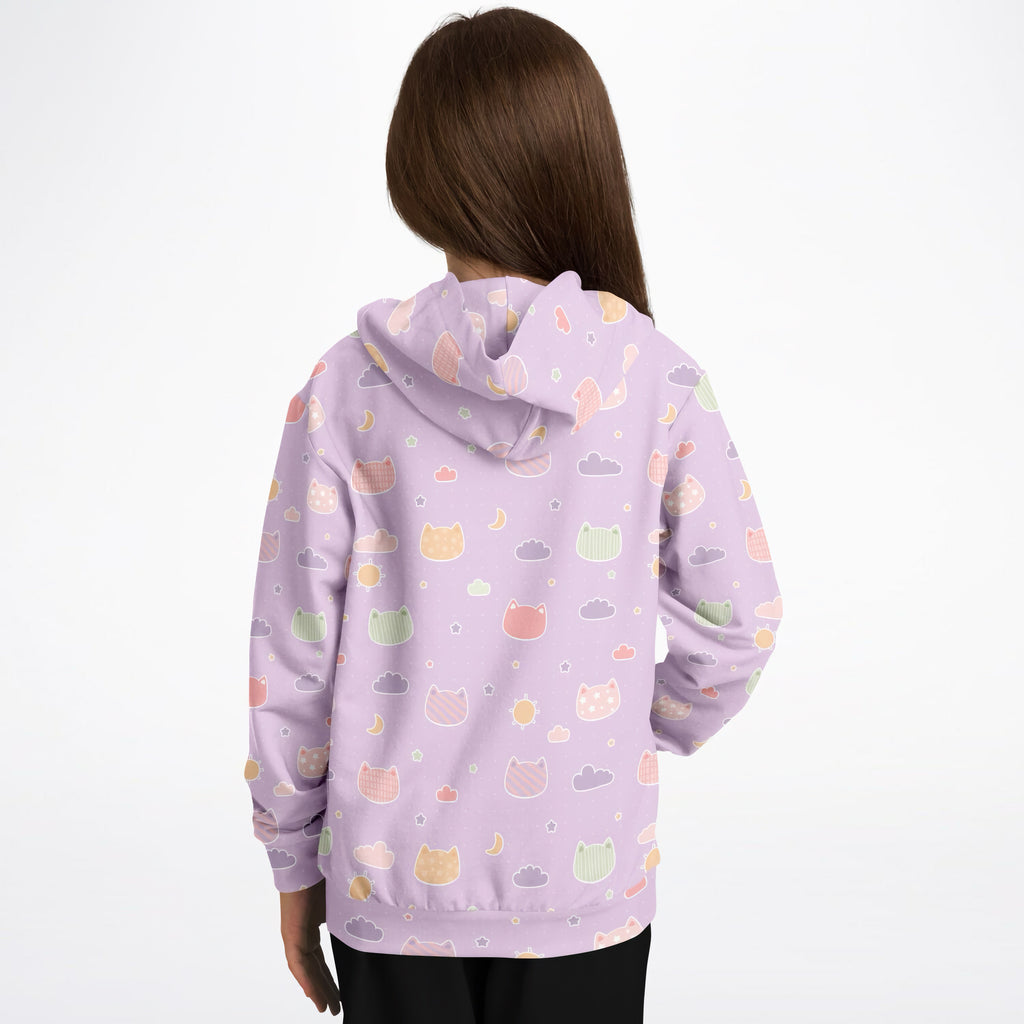 Girls Pastel Purple Kawaii Cats & Clouds Hoodie – Cozy Cotton Fleece or Lightweight Sports Fabric