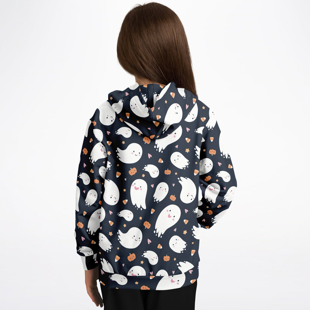 Navy blue kids ghost halloween hoodie with white ghosts orange pumpkins pink hearts made of cozy cotton fleece