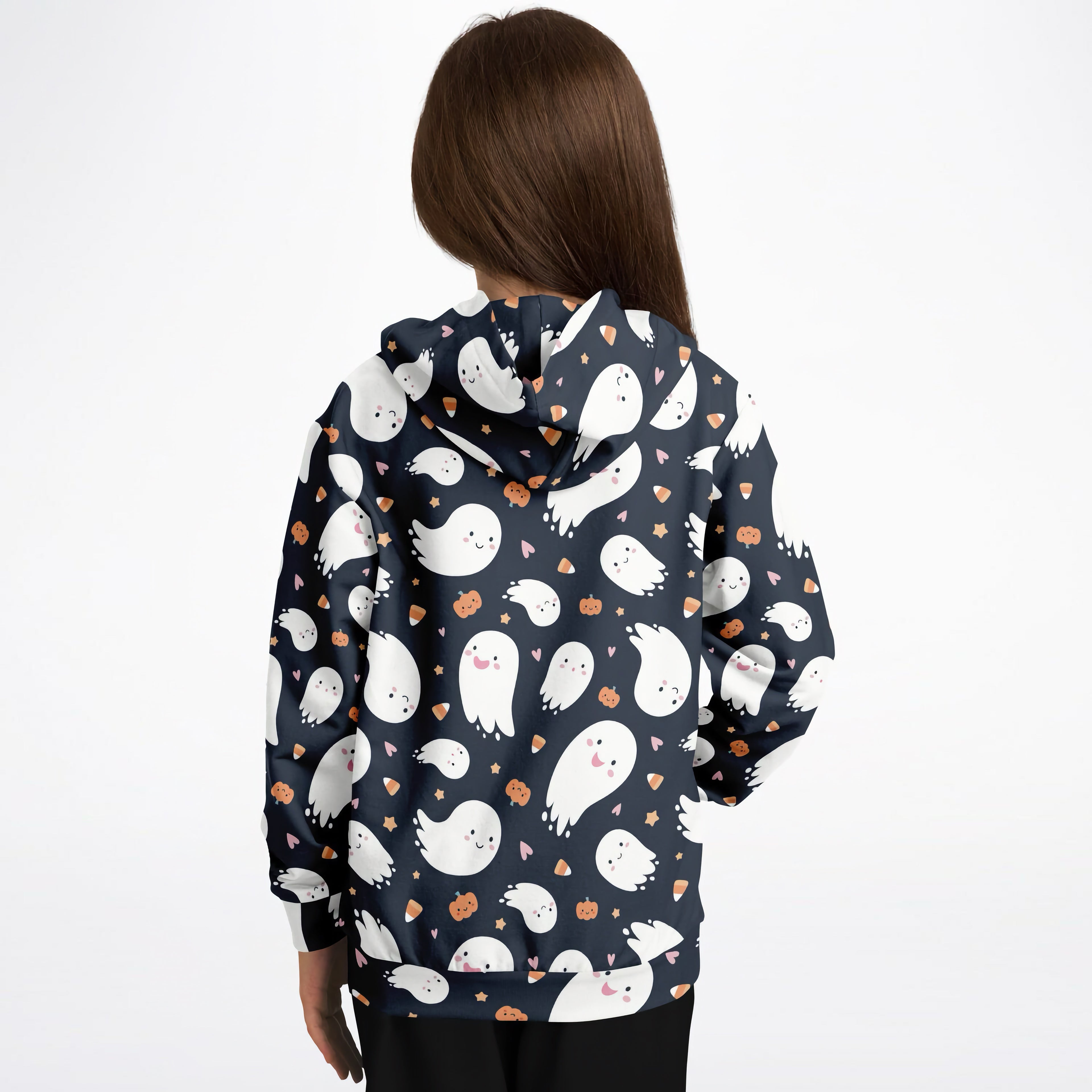 Navy blue kids ghost halloween hoodie with white ghosts orange pumpkins pink hearts made of cozy cotton fleece