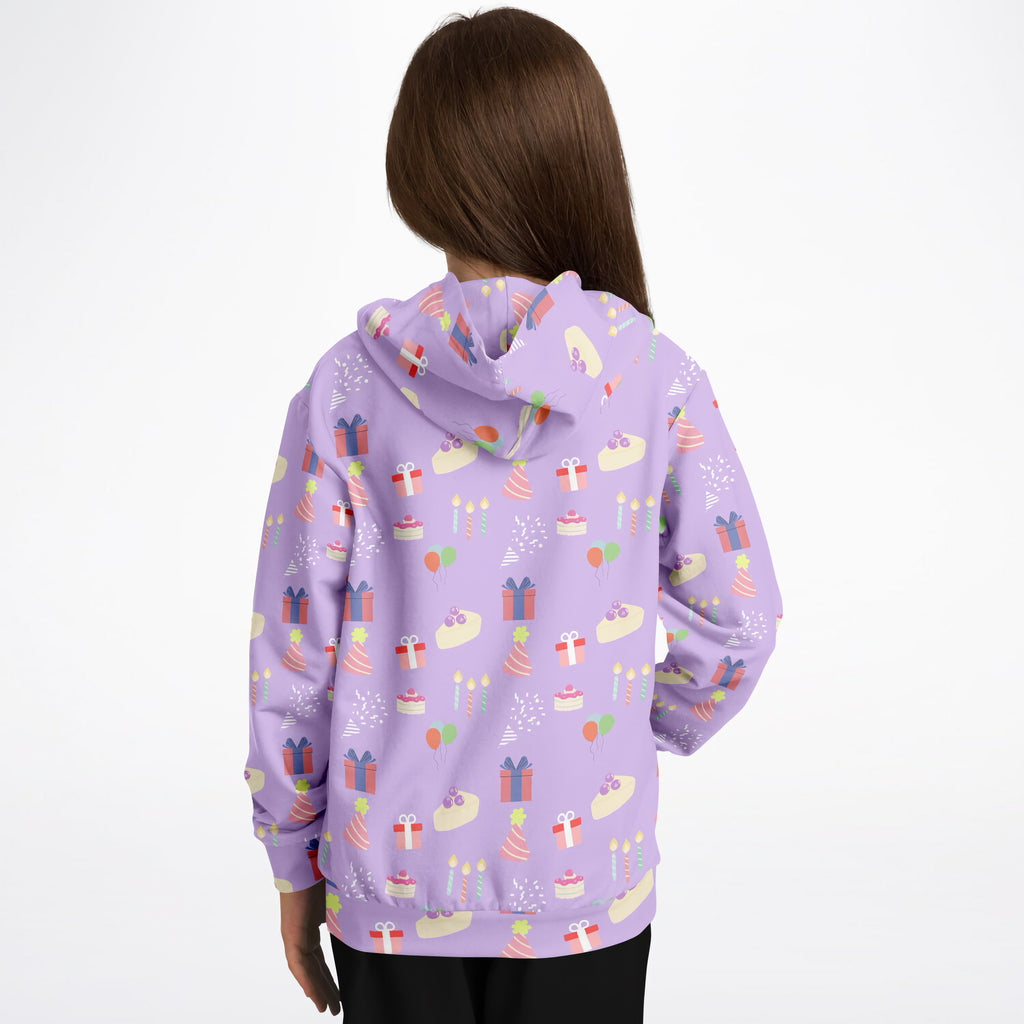 Girls Purple Birthday Pattern Hoodie – Cozy Cotton Fleece or Lightweight Sports Fabric