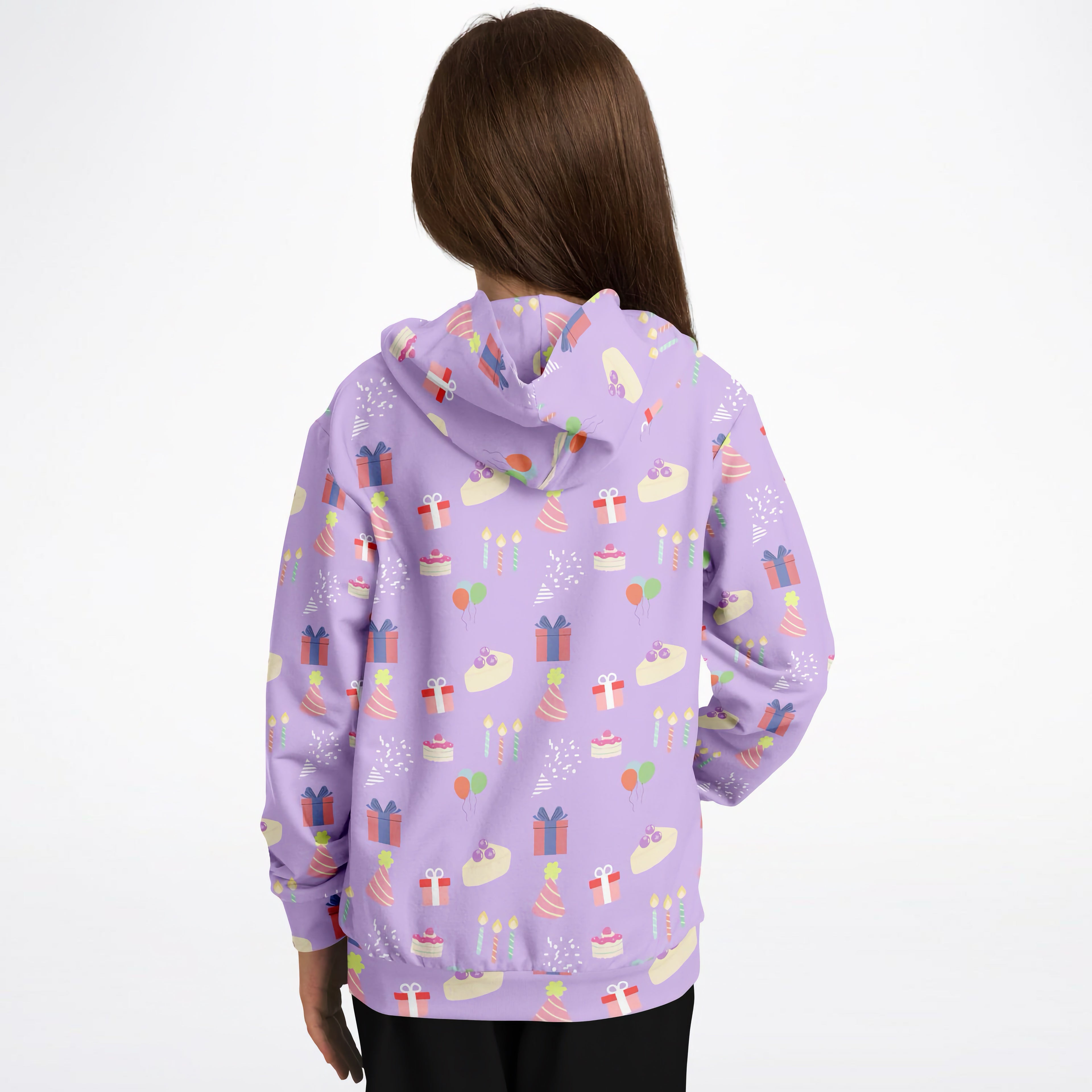 Girls Purple Birthday Pattern Hoodie – Cozy Cotton Fleece or Lightweight Sports Fabric