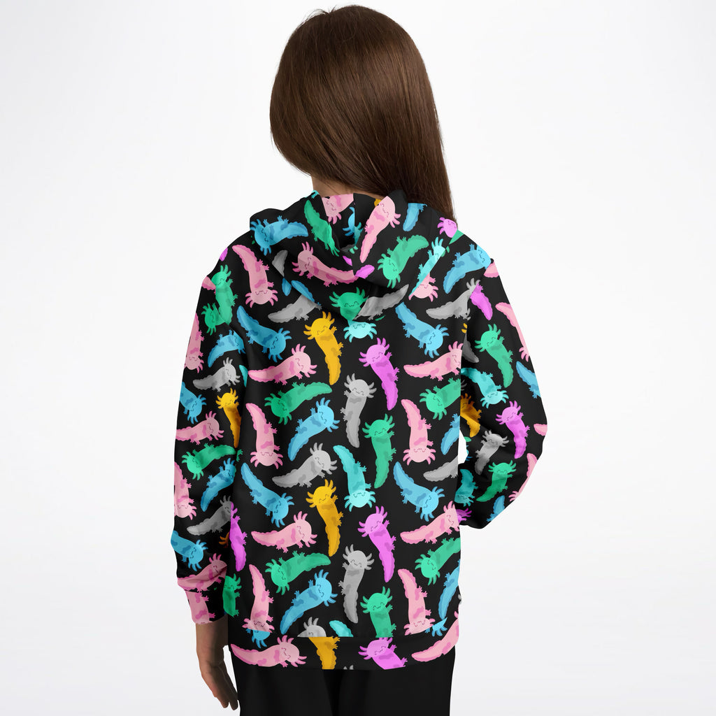 Kids colorful axolotl hoodie black cotton fleece with vibrant multicolored cartoon axolotl pattern for cozy wear