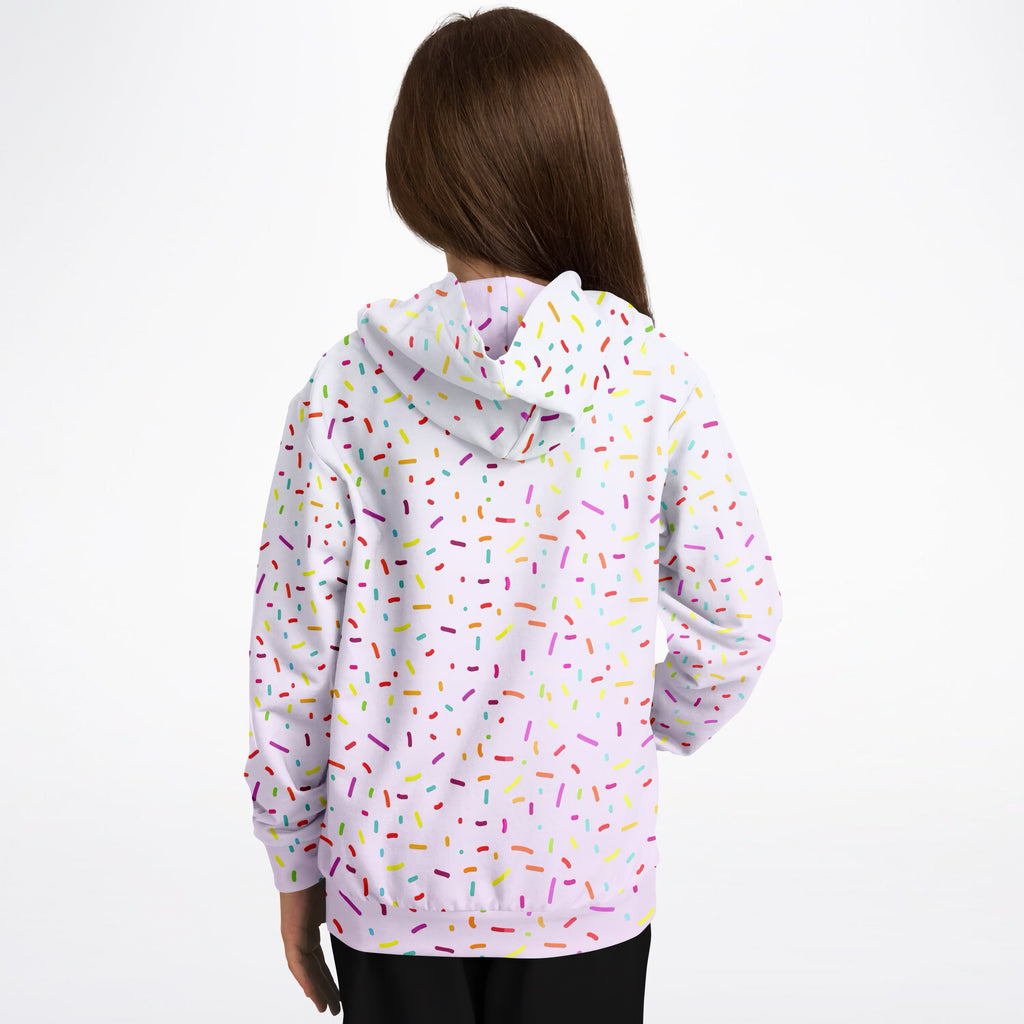 A white hoodie with a colorful sprinkles pattern made of cozy cotton fleece or lightweight sports fabric