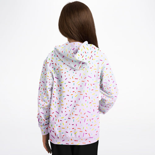 A white hoodie with a colorful sprinkles pattern made of cozy cotton fleece or lightweight sports fabric