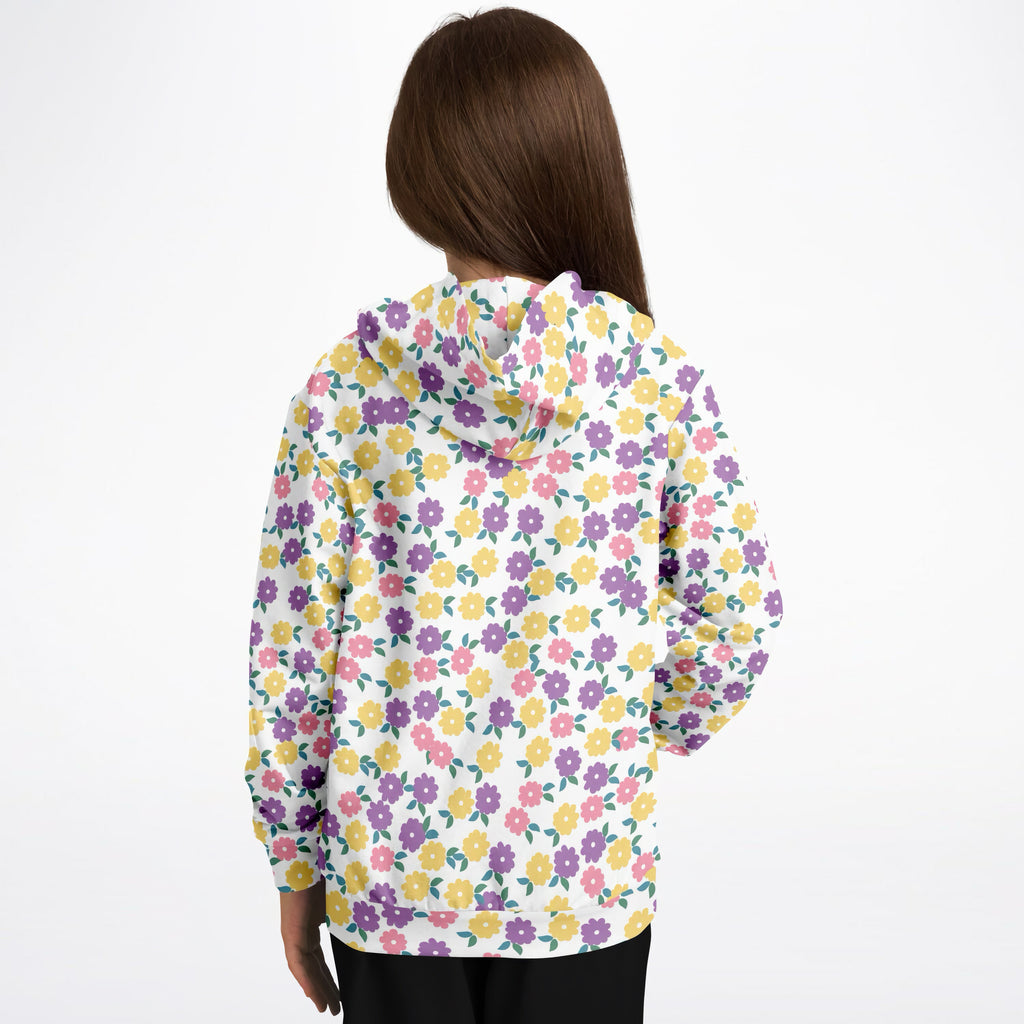 Girls colorful floral hoodie with vibrant purple pink yellow flowers made of cozy cotton fleece or lightweight sports fabric