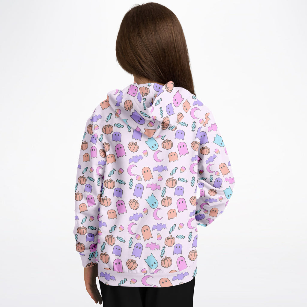 Girls pastel ghost halloween hoodie in soft white cotton fleece with pastel ghost pumpkin bat and moon pattern