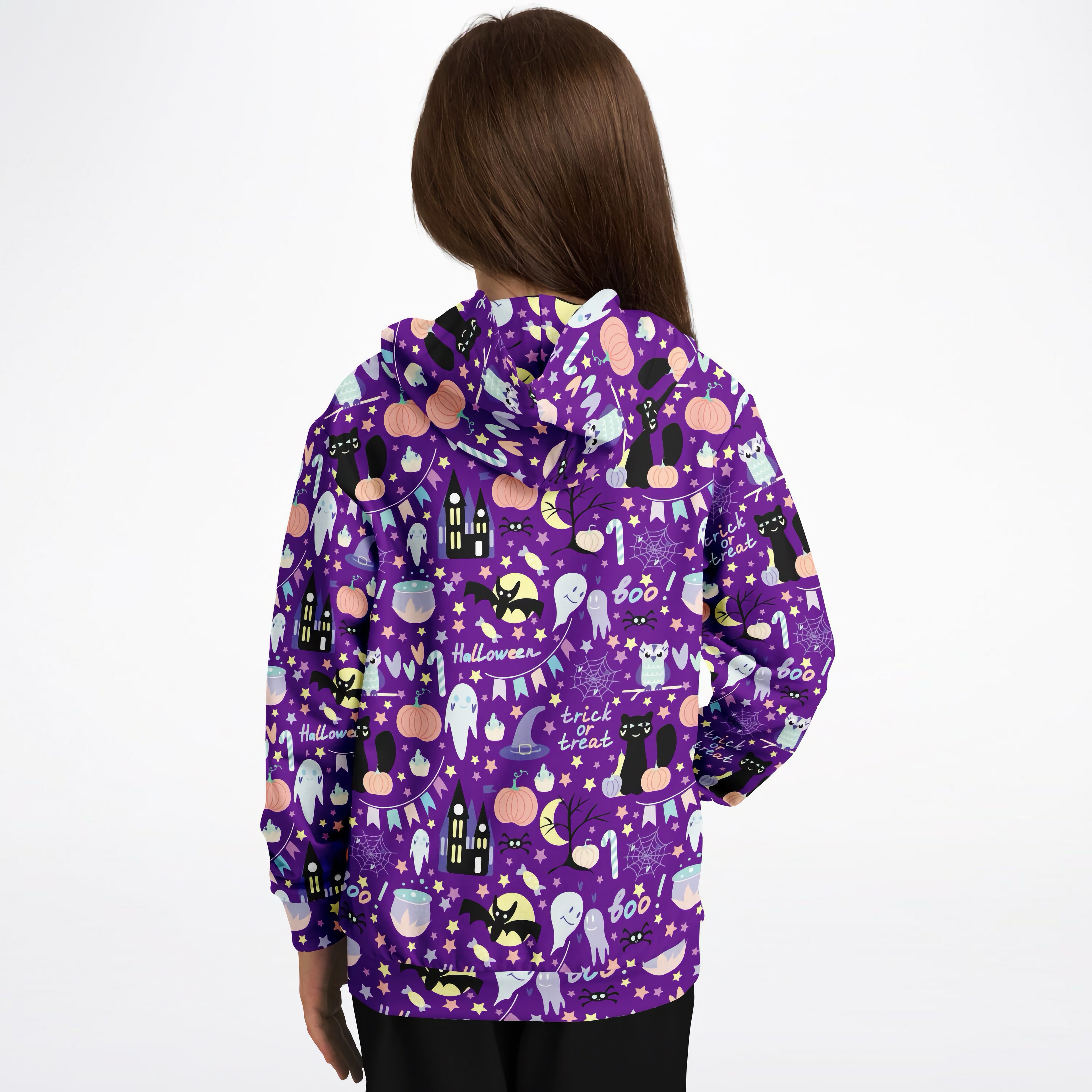 Kids spooky halloween hoodie in purple cotton fleece with playful black white and orange pumpkin ghost and bat illustrations