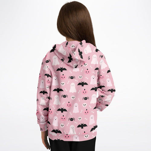 Girls cute ghost and bats pink halloween hoodie with playful pattern on soft cotton fleece or lightweight sports fabric