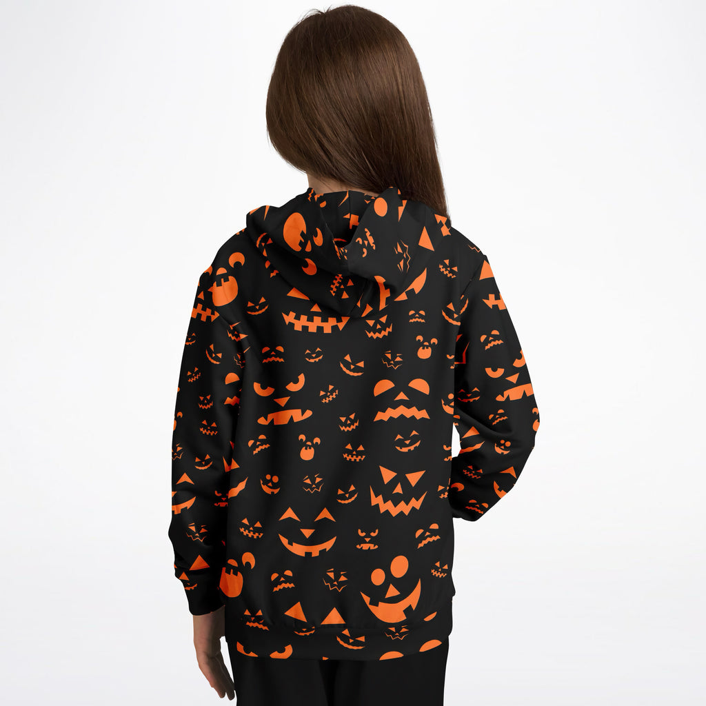 Kids orange jack-o-lantern halloween hoodie with vibrant pumpkin face pattern in cozy cotton fleece or sports fabric