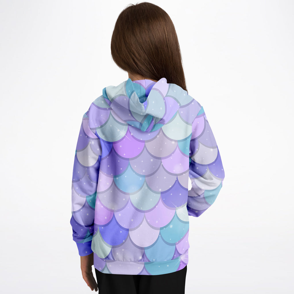 Girls purple mermaid hoodie with vibrant overlapping scales in purple and blue on cozy cotton fleece or sports fabric