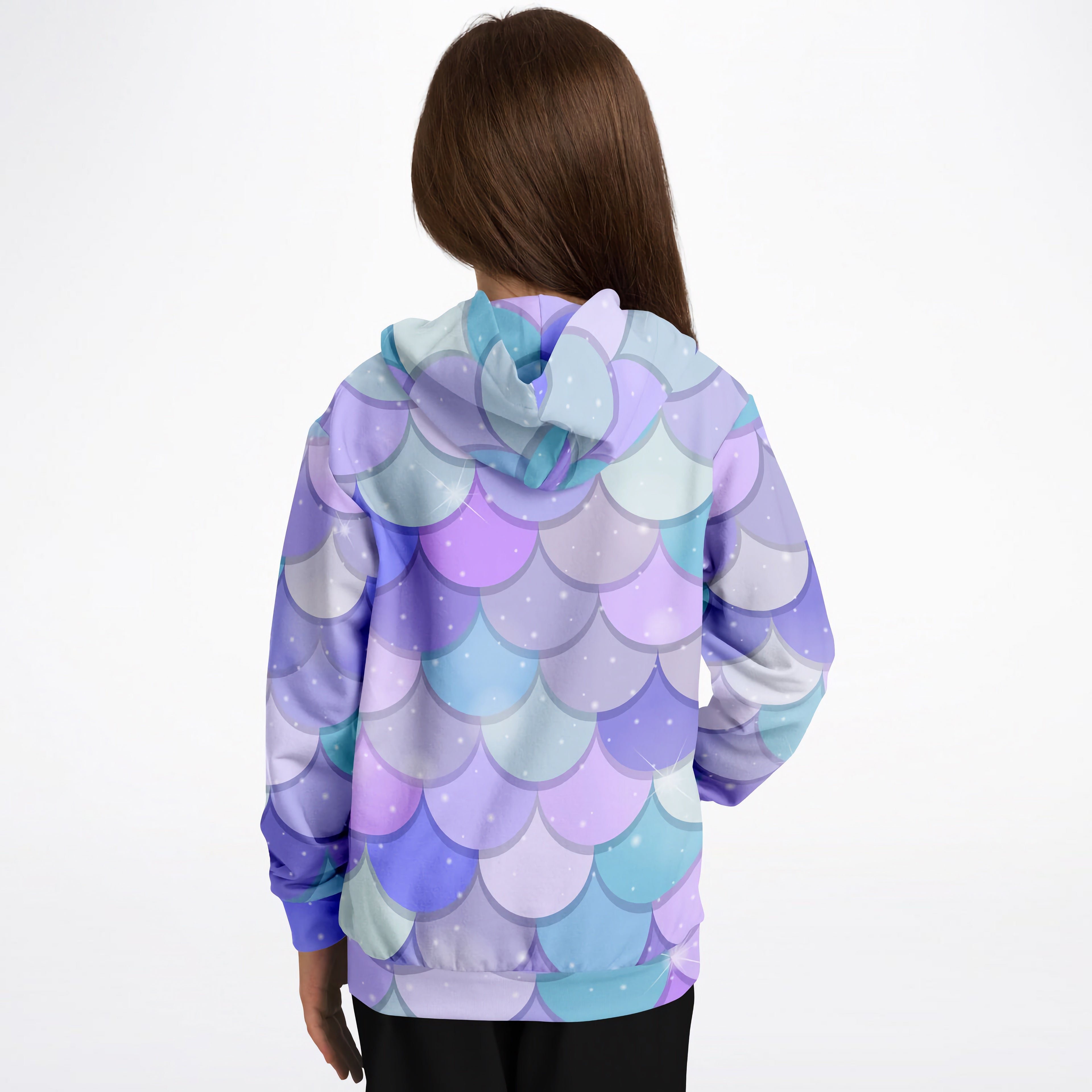 Girls purple mermaid hoodie with vibrant overlapping scales in purple and blue on cozy cotton fleece or sports fabric