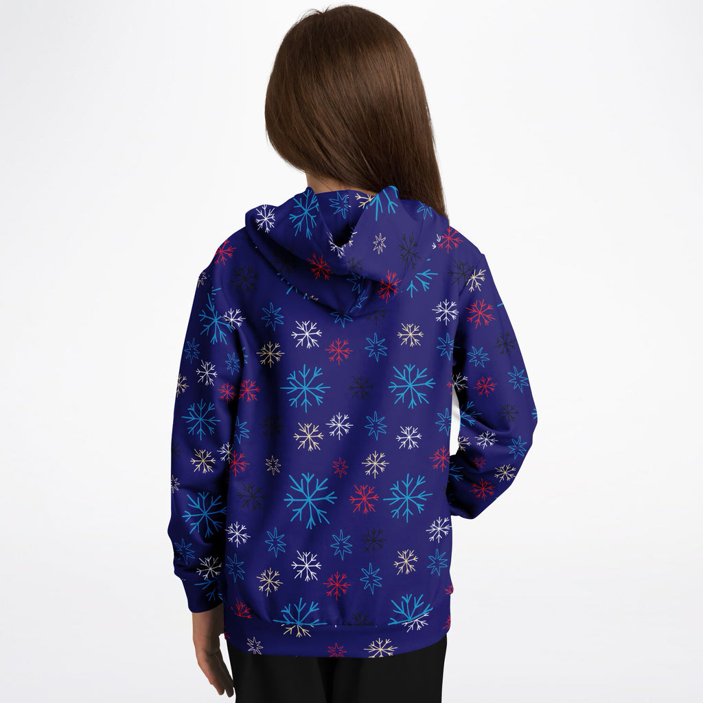 Kids Colorful Blue Snowflake Hoodie – Ultra Comfy & Stretchy, Cozy Fleece or Lightweight Sports Fabric, Double-Layer Hood & Kangaroo Pocket