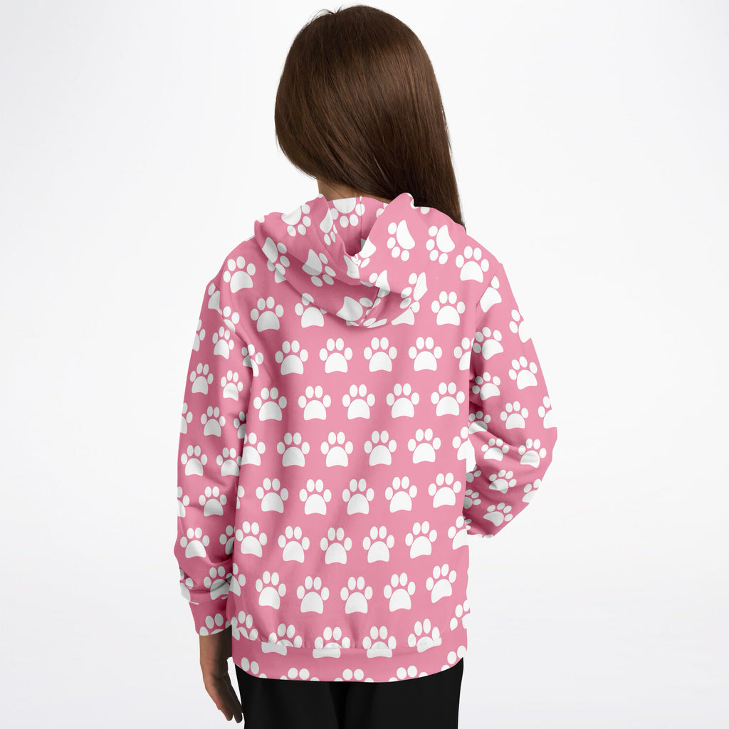 Girls Pink Paw Print Hoodie – Ultra Comfy & Stretchy, Cozy Fleece or Lightweight Sports Fabric, Double-Layer Hood & Kangaroo Pocket