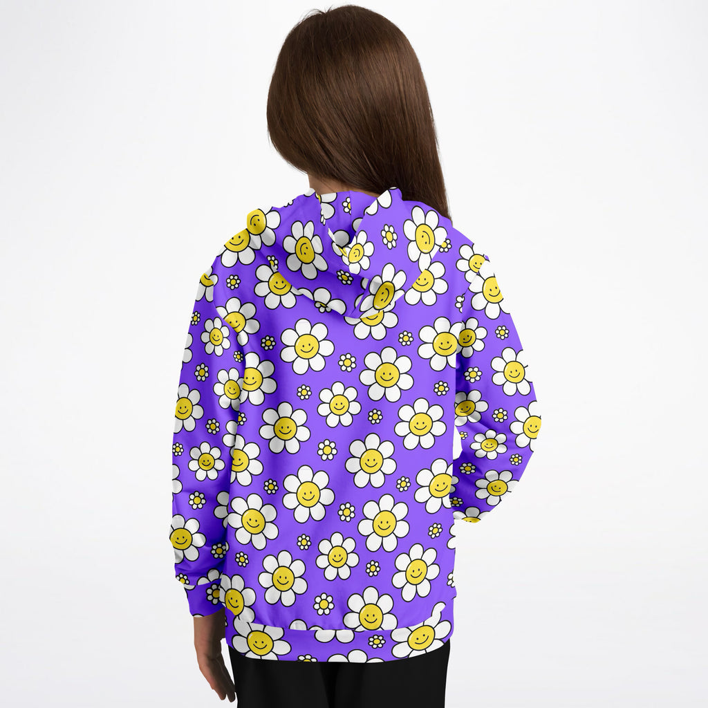 Girls Purple Smile Daisy Hoodie – Ultra Comfy & Stretchy, Cozy Fleece or Lightweight Sports Fabric, Double-Layer Hood & Kangaroo Pocket