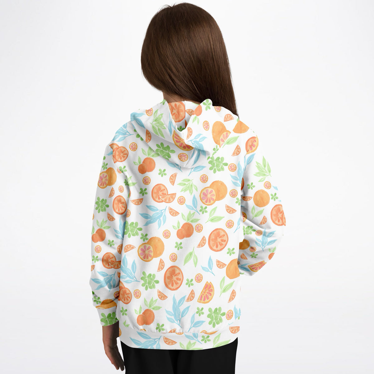 Kids Watercolor Orange Citrus Hoodie – Ultra Comfy & Stretchy, Cozy Fleece or Lightweight Sports Fabric, Double-Layer Hood & Kangaroo Pocket
