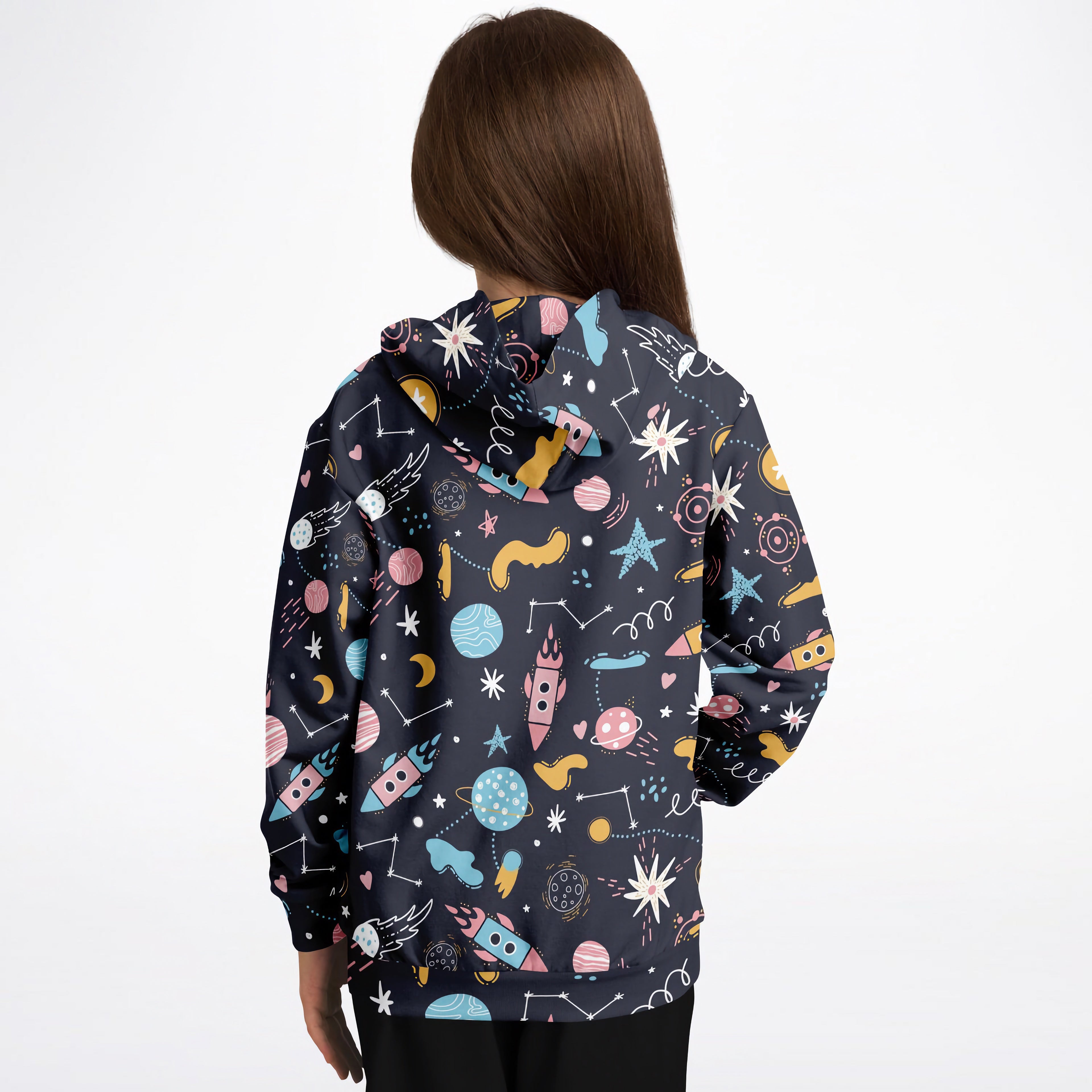 Dark navy kids outer space hoodie with colorful pastel rockets planets stars printed on cozy cotton fleece