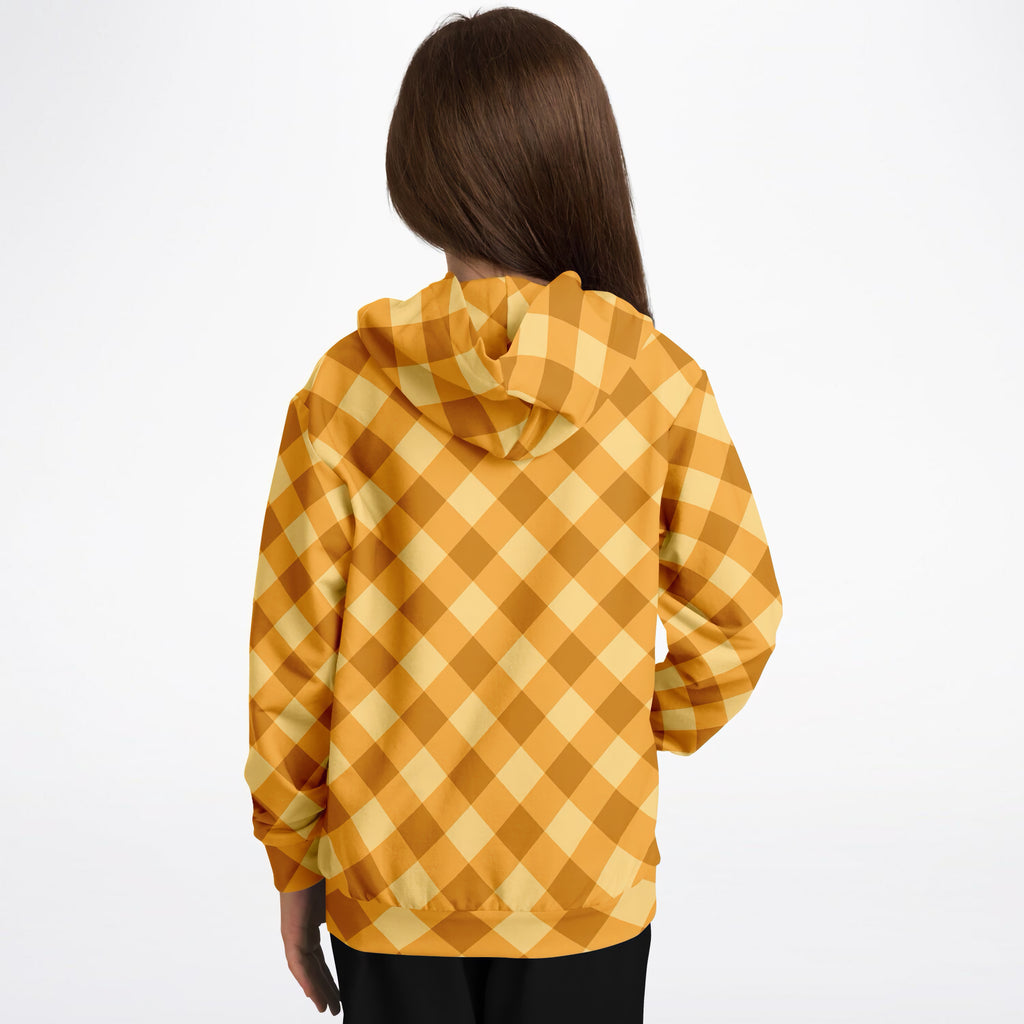 Kids Orange Gingham Checkered Hoodie – Ultra Comfy & Stretchy, Cozy Fleece or Lightweight Sports Fabric, Double-Layer Hood & Kangaroo Pocket