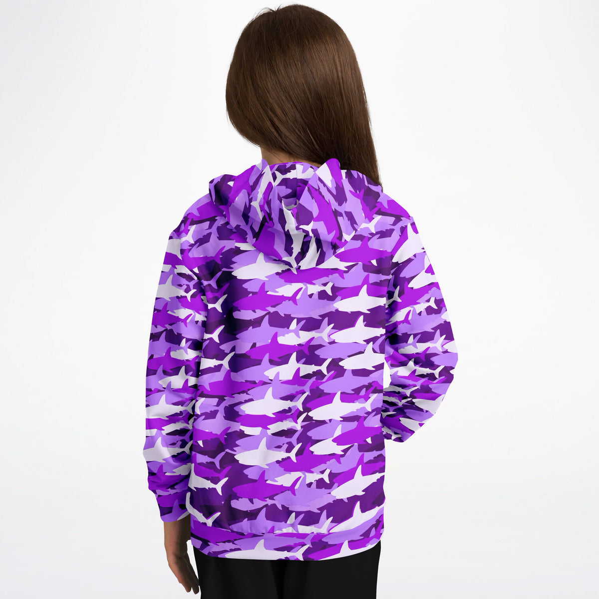 Girls Purple Shark Camouflage Hoodie – Ultra Comfy & Stretchy, Cozy Fleece or Lightweight Sports Fabric, Double-Layer Hood & Kangaroo Pocket