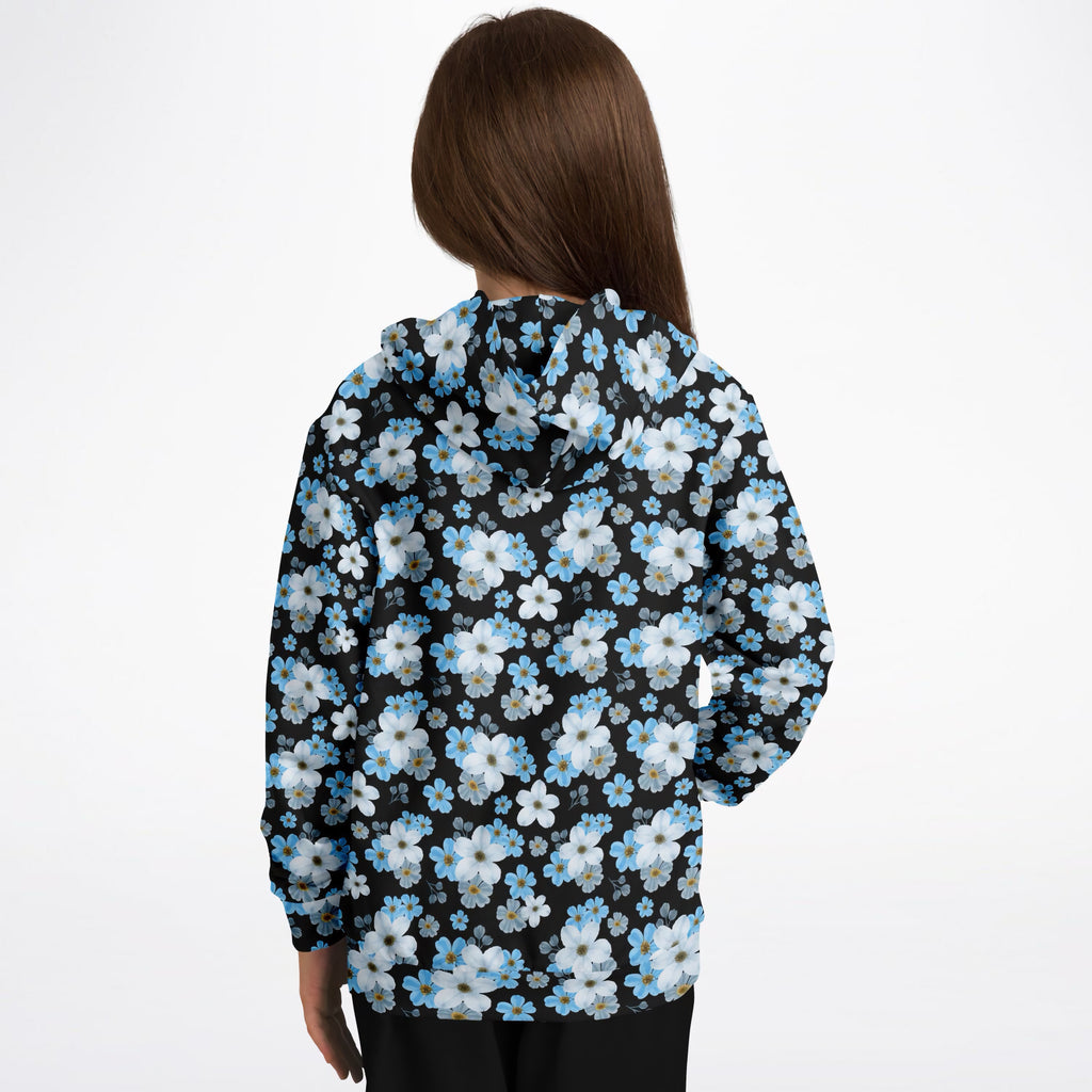 Girls Beautiful Sky Blue Flowers Hoodie – Ultra Comfy & Stretchy, Cozy Fleece or Lightweight Sports Fabric, Double-Layer Hood & Kangaroo Pocket