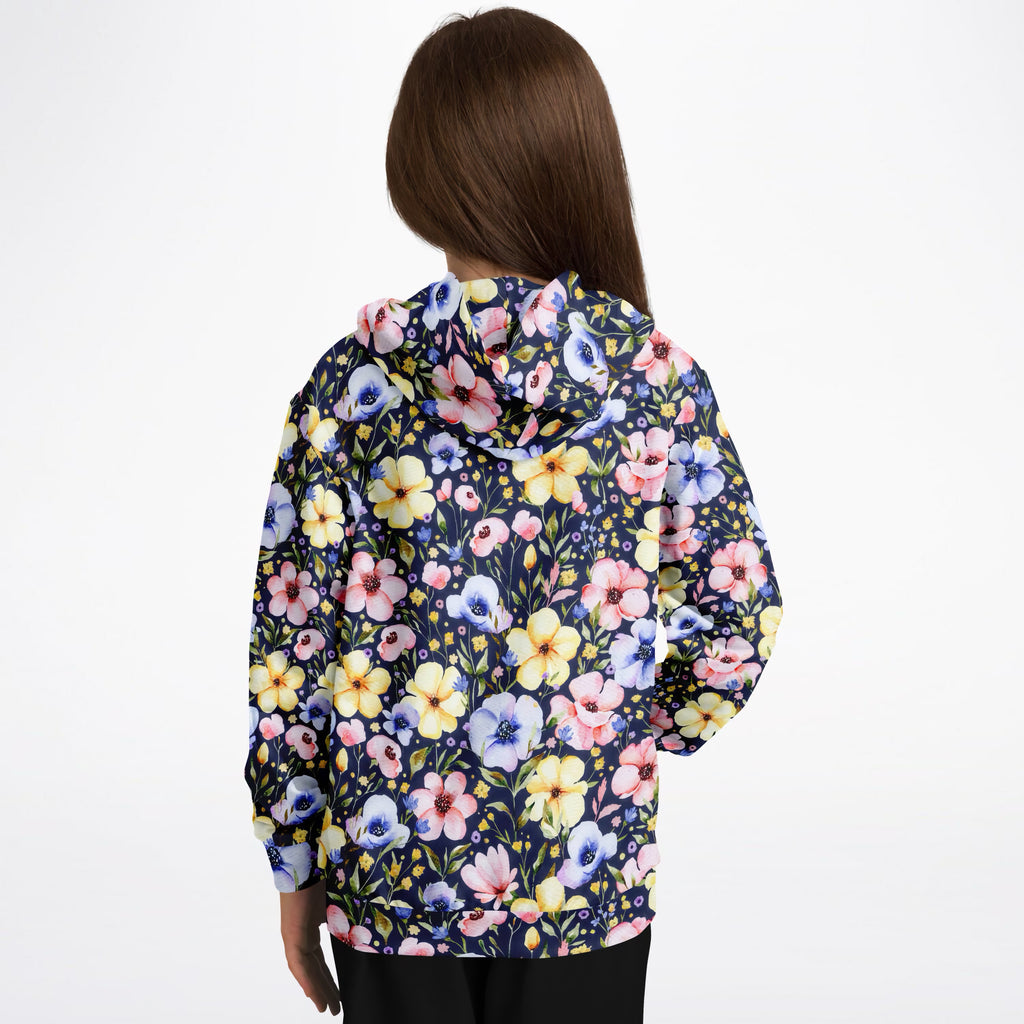Girls Navy Blue Watercolor Floral Hoodie – Ultra Comfy & Stretchy, Cozy Fleece or Lightweight Sports Fabric, Double-Layer Hood & Kangaroo Pocket