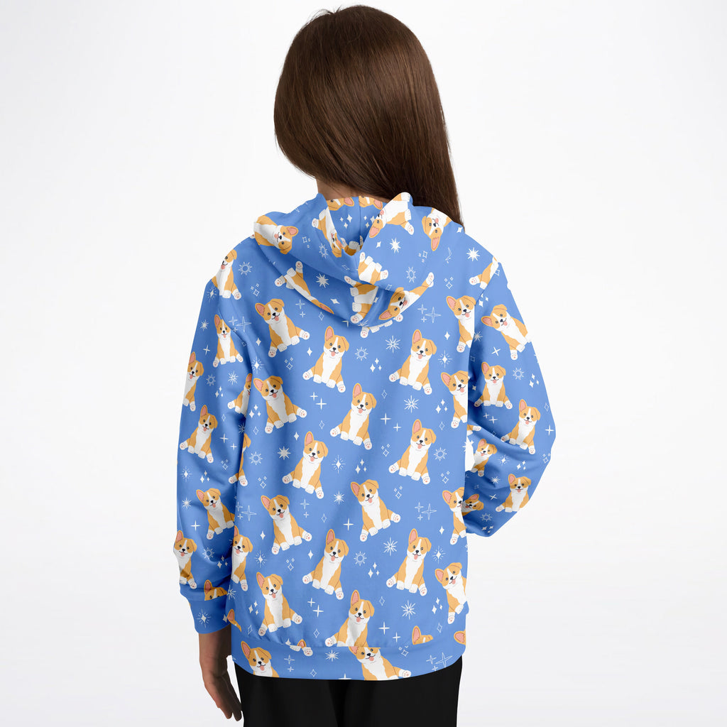 Kids Blue Corgi Dog Hoodie – Cozy Cotton Fleece or Lightweight Sports Fabric