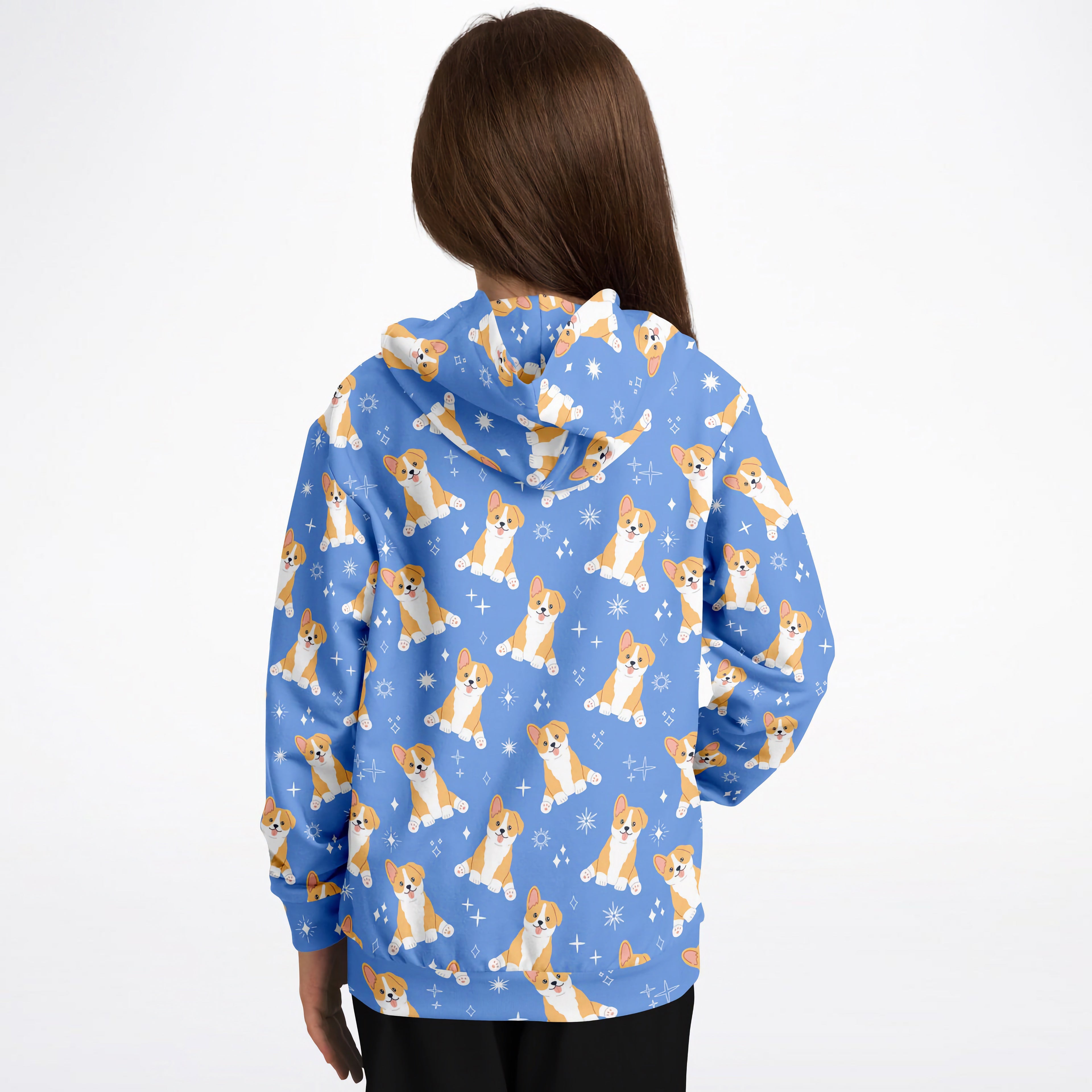 Kids Blue Corgi Dog Hoodie – Cozy Cotton Fleece or Lightweight Sports Fabric