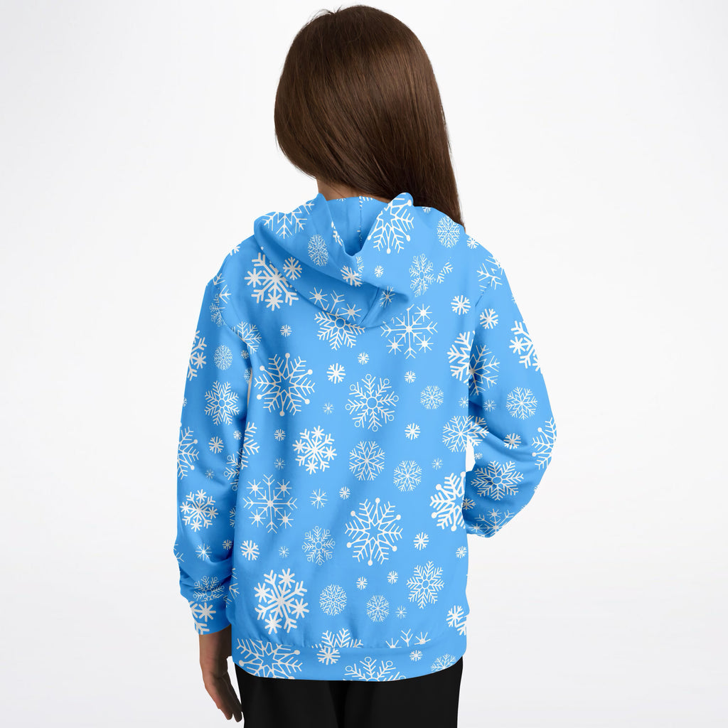 Kids Blue Snowflake Christmas Hoodie – Ultra Comfy & Stretchy, Cozy Fleece or Lightweight Sports Fabric, Double-Layer Hood & Kangaroo Pocket
