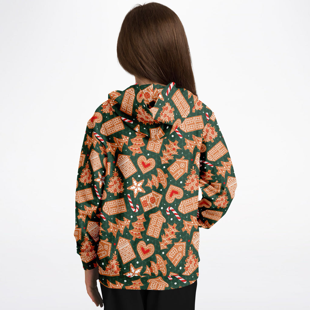 Kids Green Gingerbread Cookies Christmas Hoodie – Ultra Comfy & Stretchy, Cozy Fleece or Lightweight Sports Fabric, Double-Layer Hood & Kangaroo Pocket