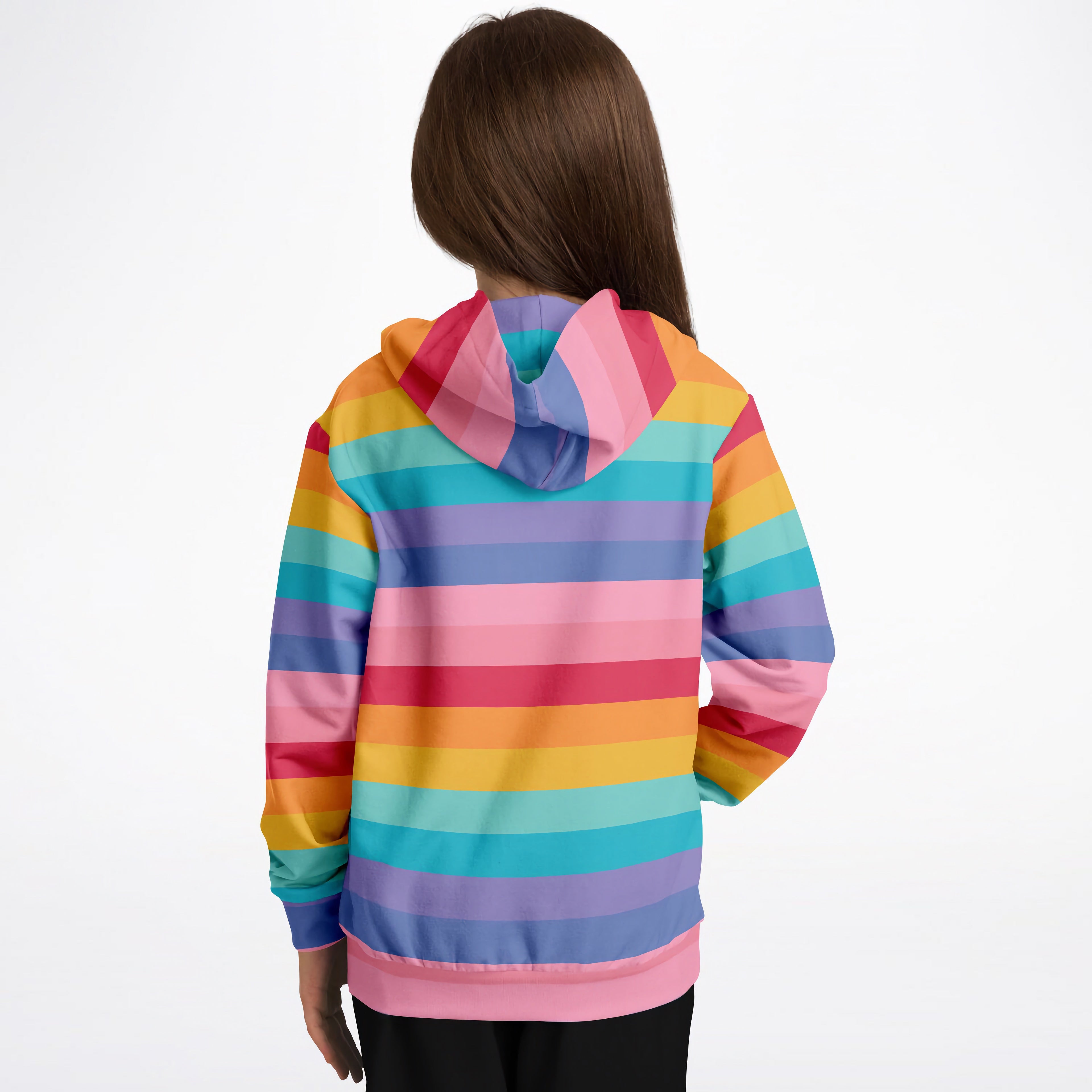 Girls striped bright rainbow hoodie with vibrant horizontal stripes in cotton fleece or lightweight sports fabric
