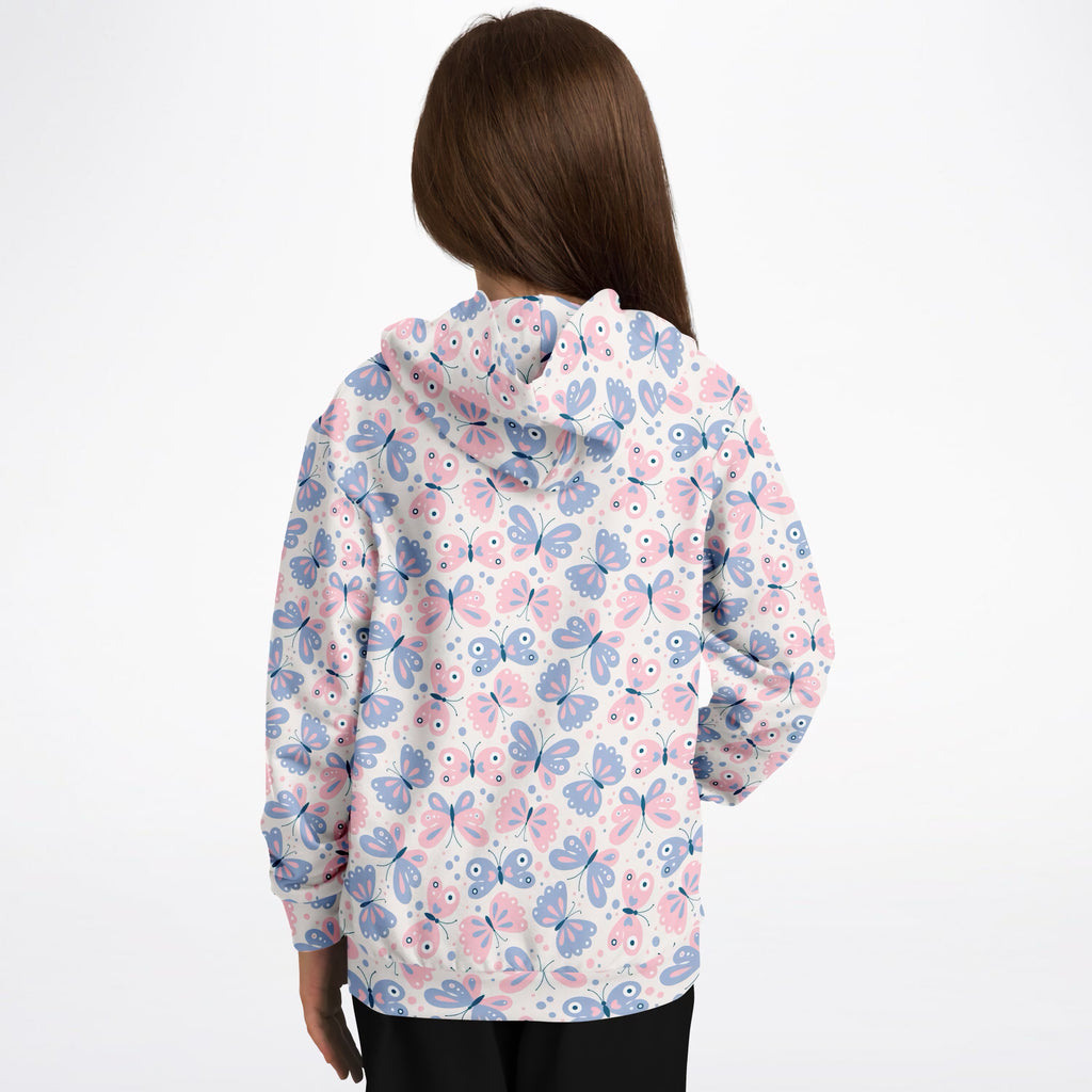 Girls Pink & Blue Butterfly Hoodie – Ultra Comfy & Stretchy, Cozy Fleece or Lightweight Sports Fabric, Double-Layer Hood & Kangaroo Pocket
