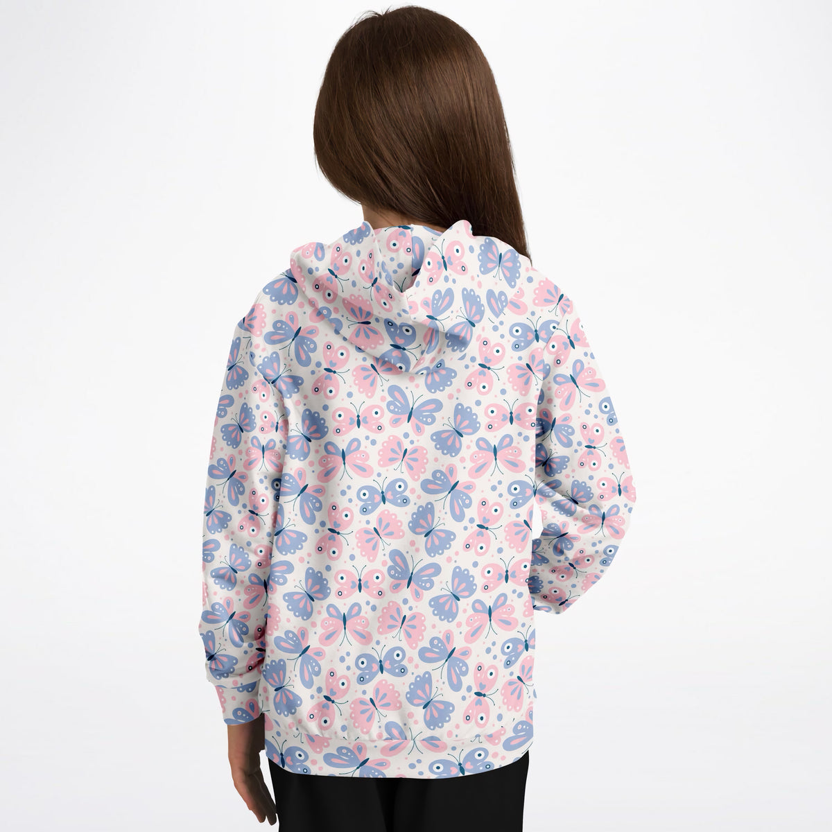 Girls Pink & Blue Butterfly Hoodie – Ultra Comfy & Stretchy, Cozy Fleece or Lightweight Sports Fabric, Double-Layer Hood & Kangaroo Pocket