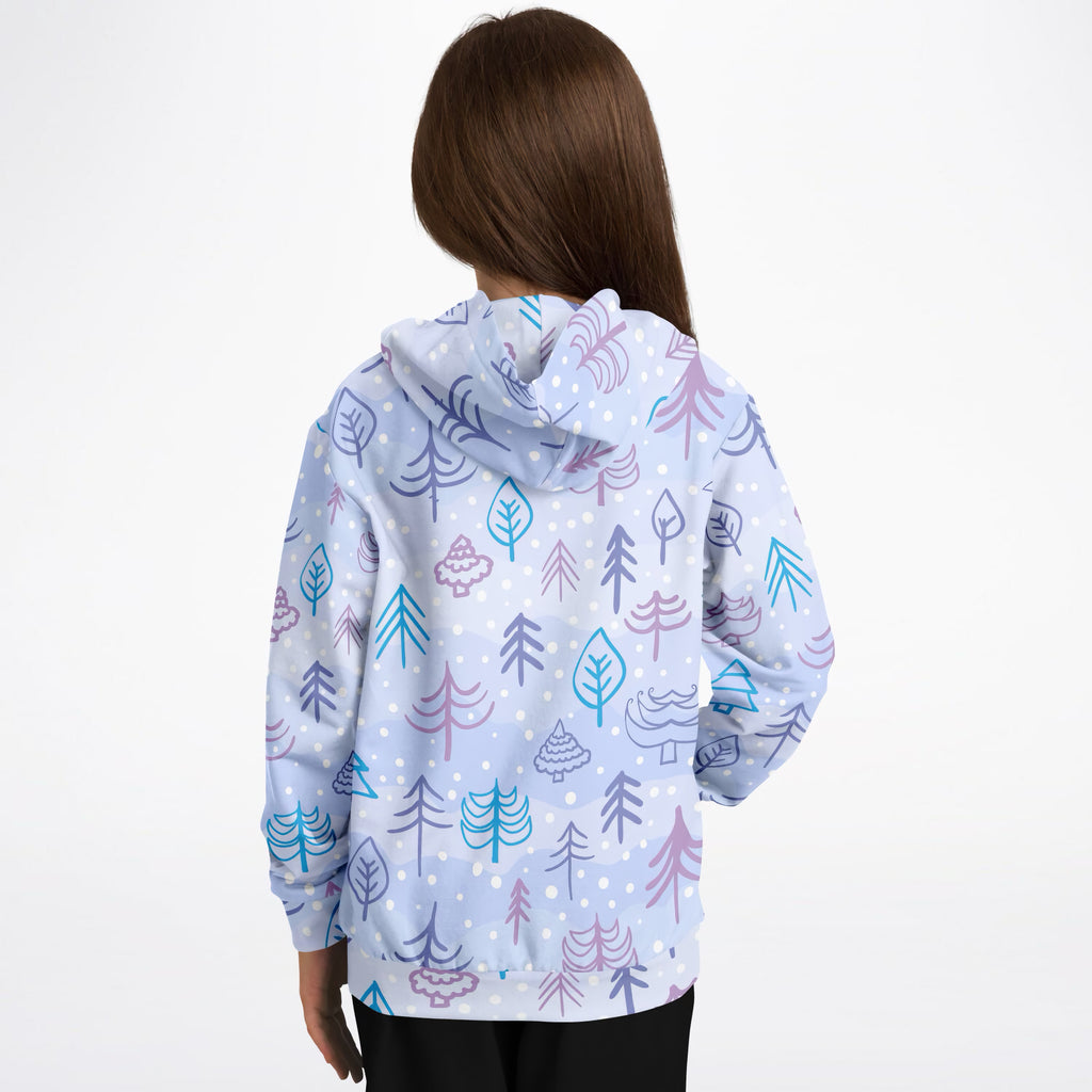 Kids Pastel Blue Christmas Tree Hoodie – Ultra Comfy & Stretchy, Cozy Fleece or Lightweight Sports Fabric, Double-Layer Hood & Kangaroo Pocket