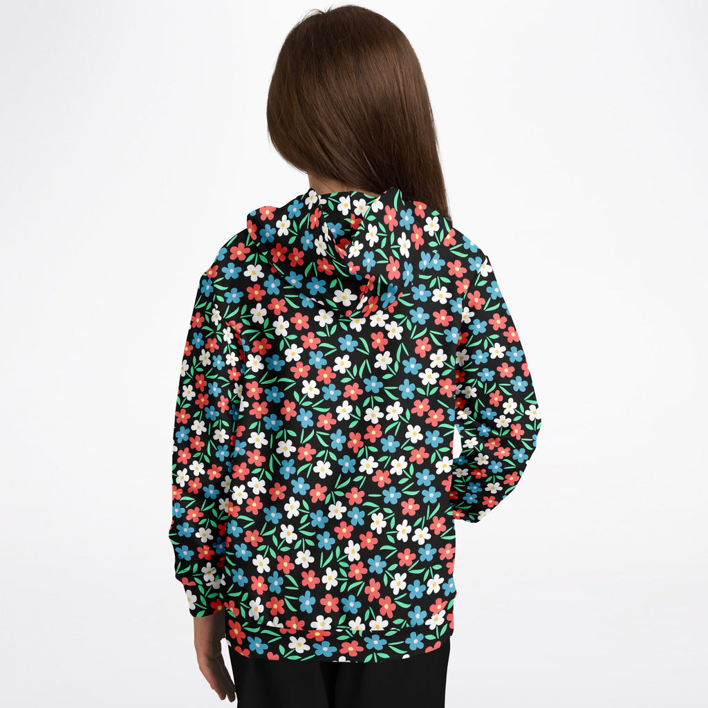 Girls Bright Red, Blue & White Flowers Hoodie – Ultra Comfy & Stretchy, Cozy Fleece or Lightweight Sports Fabric, Double-Layer Hood & Kangaroo Pocket