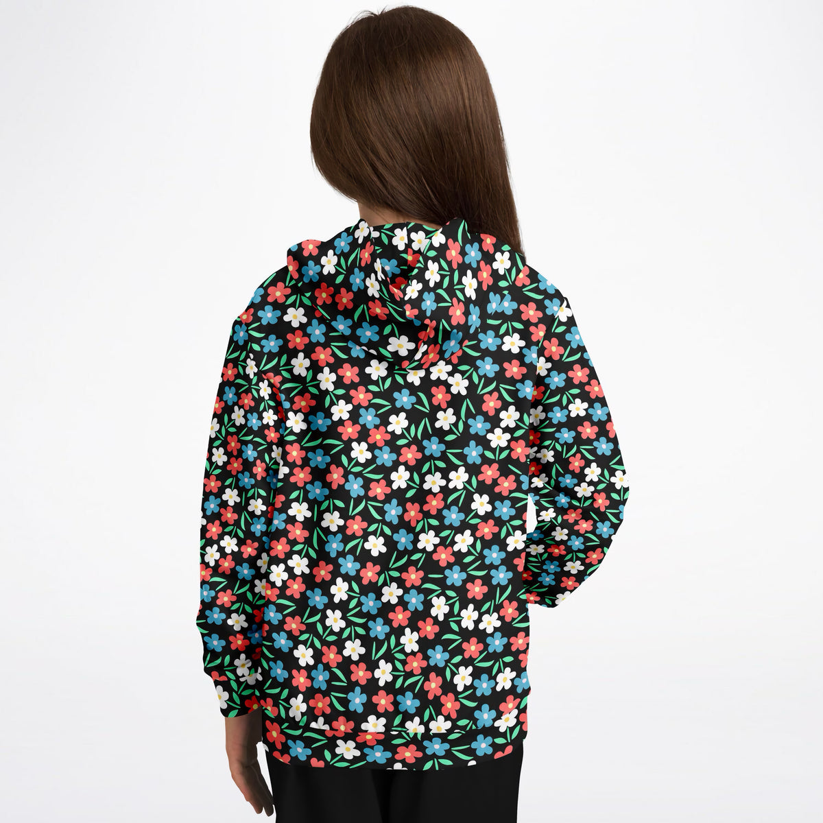Girls Bright Red, Blue & White Flowers Hoodie – Ultra Comfy & Stretchy, Cozy Fleece or Lightweight Sports Fabric, Double-Layer Hood & Kangaroo Pocket