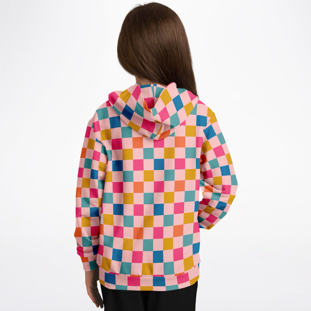 Girls Bright Rainbow Checkered Hoodie – Ultra Comfy & Stretchy, Cozy Fleece or Lightweight Sports Fabric, Double-Layer Hood & Kangaroo Pocket