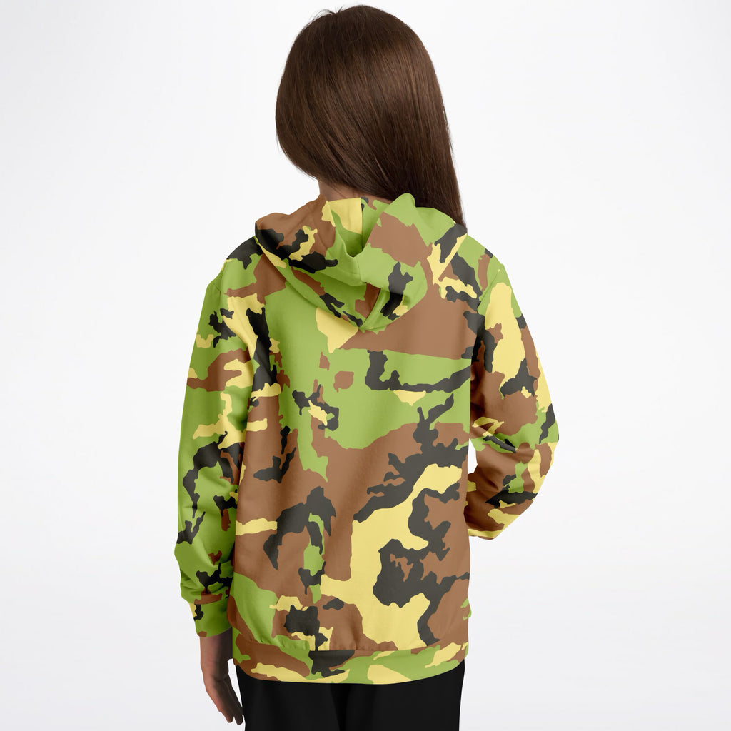 Kids Green Camouflage Hoodie – Ultra Comfy & Stretchy, Cozy Fleece or Lightweight Sports Fabric, Double-Layer Hood & Kangaroo Pocket
