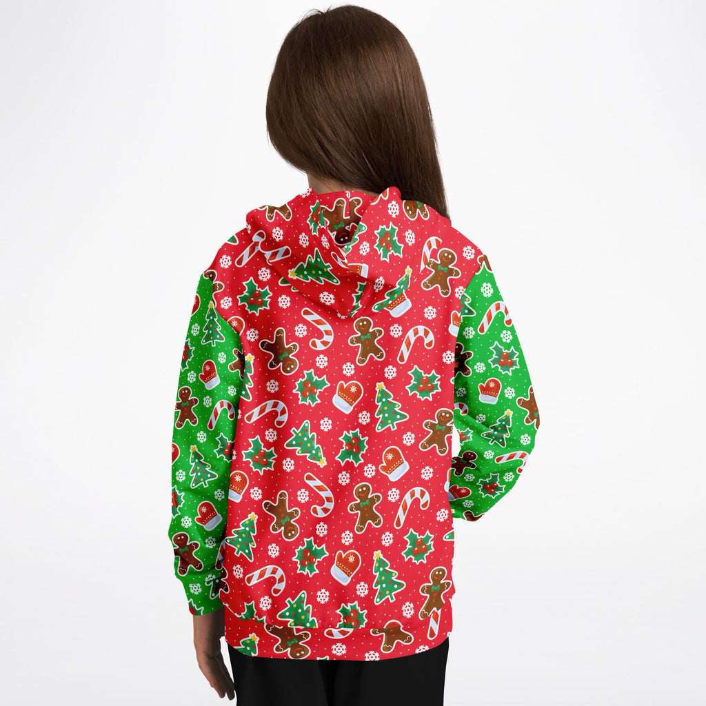 Kids Red & Green Christmas Icons Hoodie – Ultra Comfy & Stretchy, Cozy Fleece or Lightweight Sports Fabric, Double-Layer Hood & Kangaroo Pocket