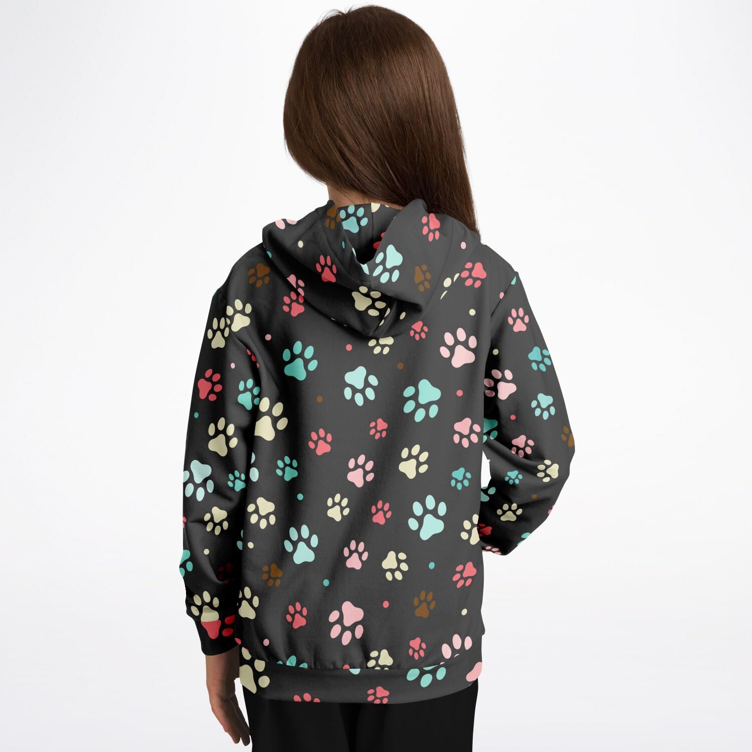 Dark gray kids paw print hoodie with multicolored prints in cozy cotton fleece or lightweight sports fabric