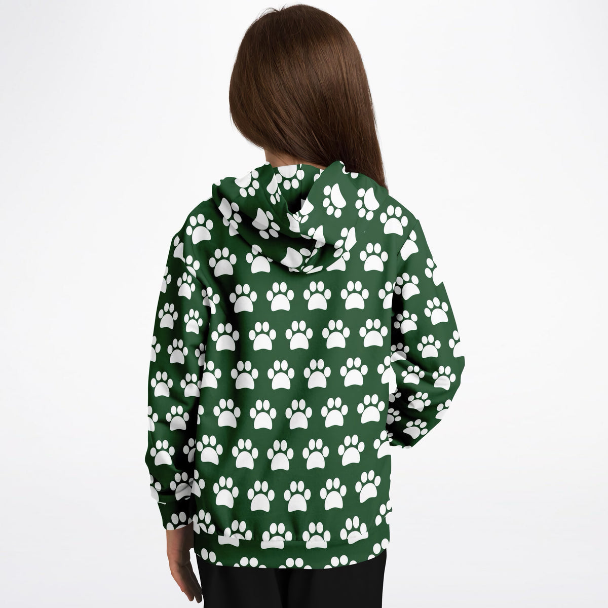 Kids Forest Green Paw Print Hoodie – Ultra Comfy & Stretchy, Cozy Fleece or Lightweight Sports Fabric, Double-Layer Hood & Kangaroo Pocket