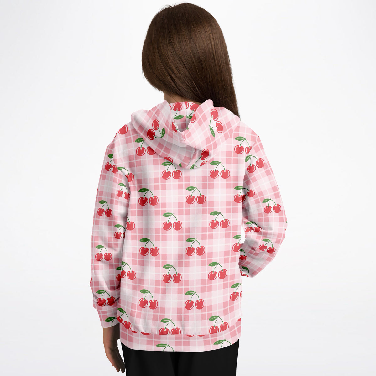 Girls Pink Cherry Plaid Hoodie – Ultra Comfy & Stretchy, Cozy Fleece or Lightweight Sports Fabric, Double-Layer Hood & Kangaroo Pocket