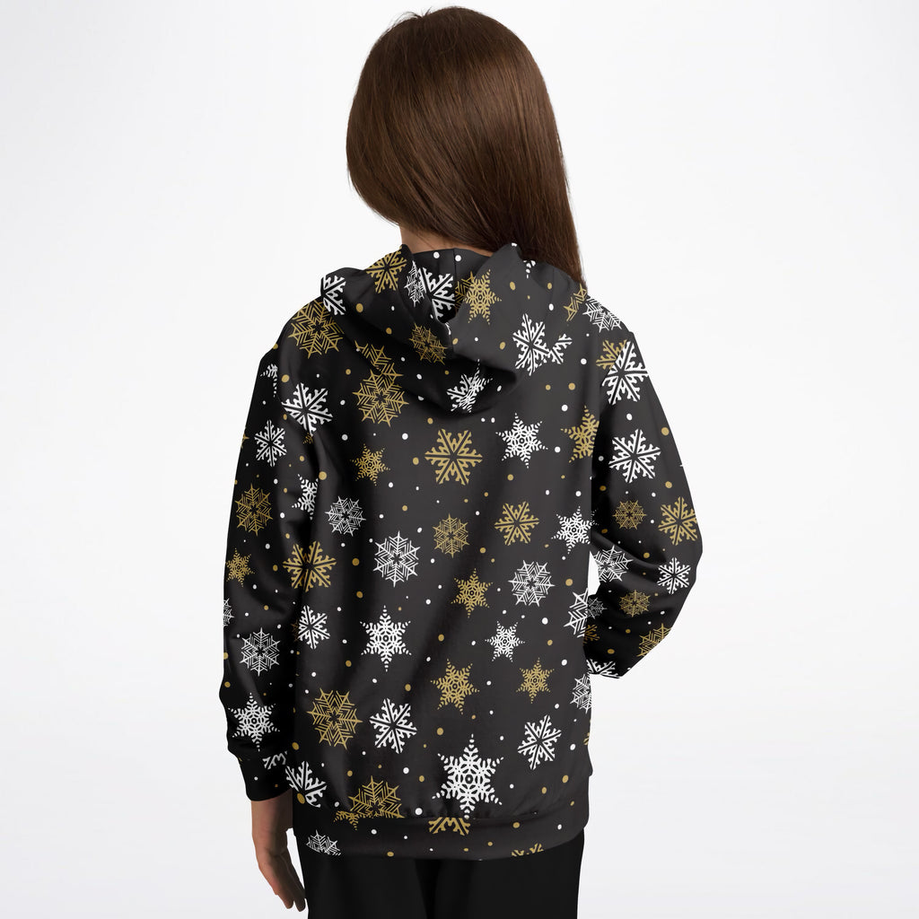 Kids Dark Brown, Gold & White Snowflake Christmas Hoodie – Ultra Comfy & Stretchy, Cozy Fleece or Lightweight Sports Fabric, Double-Layer Hood & Kangaroo Pocket