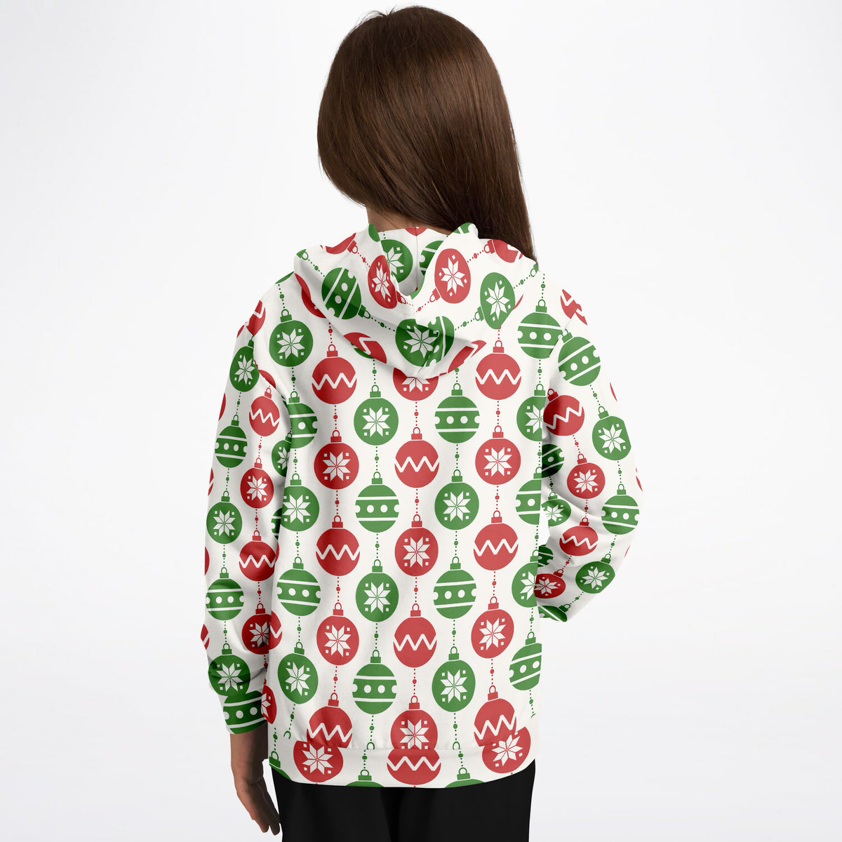 Kids Christmas Red & Green Christmas Ornaments Hoodie – Ultra Comfy & Stretchy, Cozy Fleece or Lightweight Sports Fabric, Double-Layer Hood & Kangaroo Pocket