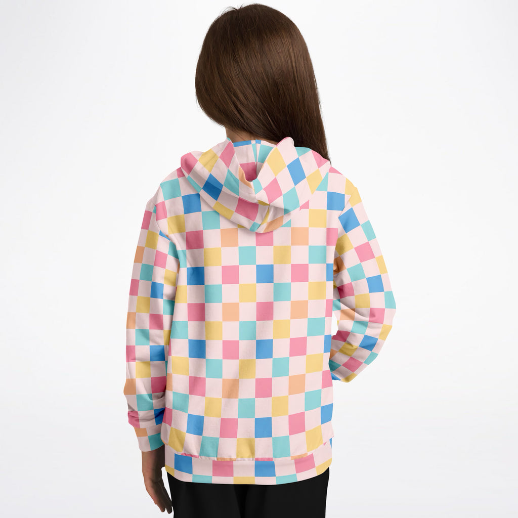 Girls Pastel Rainbow Checkered Hoodie – Ultra Comfy & Stretchy, Cozy Fleece or Lightweight Sports Fabric, Double-Layer Hood & Kangaroo Pocket