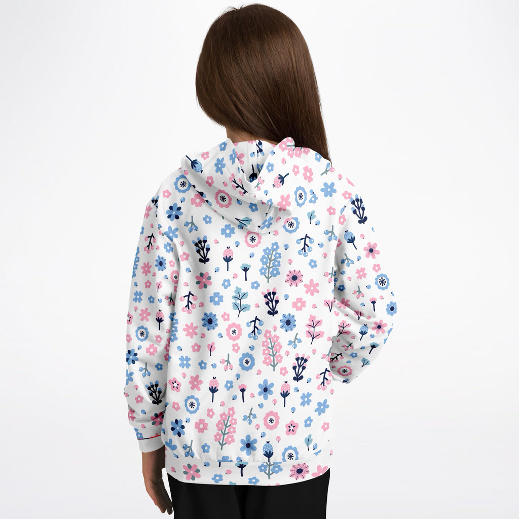 Girls Pink & Blue Floral Hoodie – Ultra Comfy & Stretchy, Cozy Fleece or Lightweight Sports Fabric, Double-Layer Hood & Kangaroo Pocket