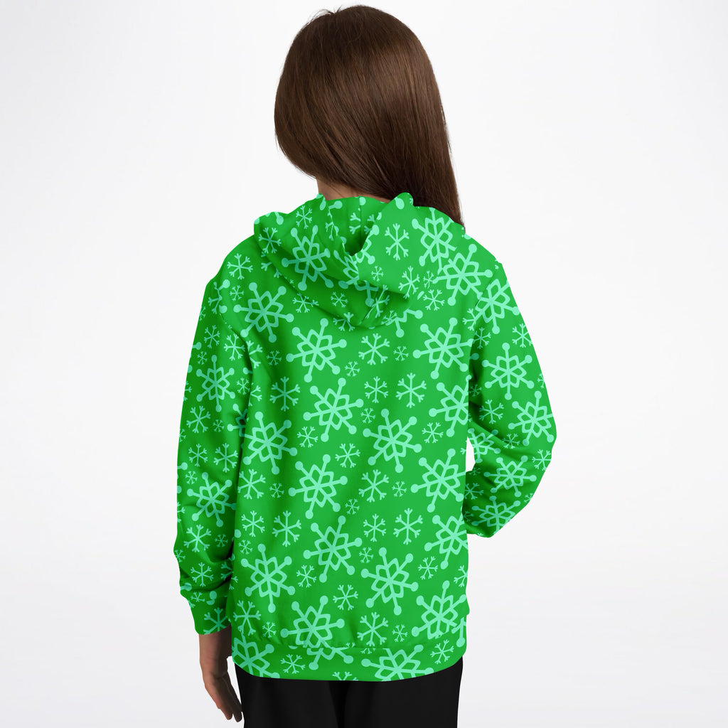 Kids Green Snowflake Christmas Hoodie – Ultra Comfy & Stretchy, Cozy Fleece or Lightweight Sports Fabric, Double-Layer Hood & Kangaroo Pocket