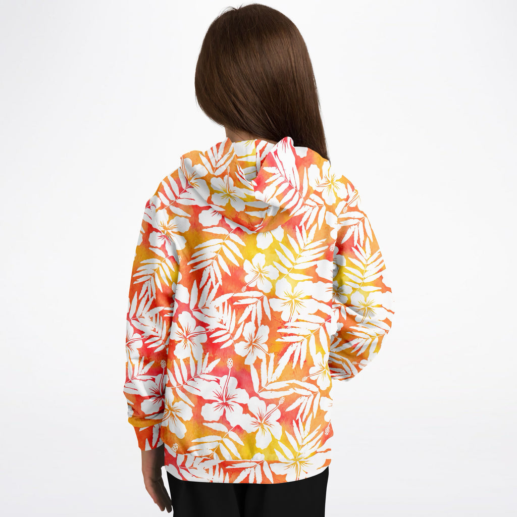 Kids Sunset Orange Tropical Hibiscus Hoodie – Ultra Comfy & Stretchy, Cozy Fleece or Lightweight Sports Fabric, Double-Layer Hood & Kangaroo Pocket