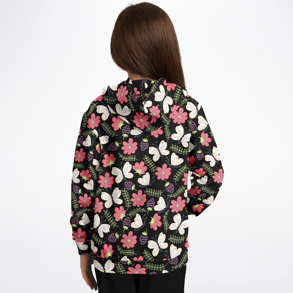 Girls Black Butterfly & Floral Hoodie – Ultra Comfy & Stretchy, Cozy Fleece or Lightweight Sports Fabric, Double-Layer Hood & Kangaroo Pocket