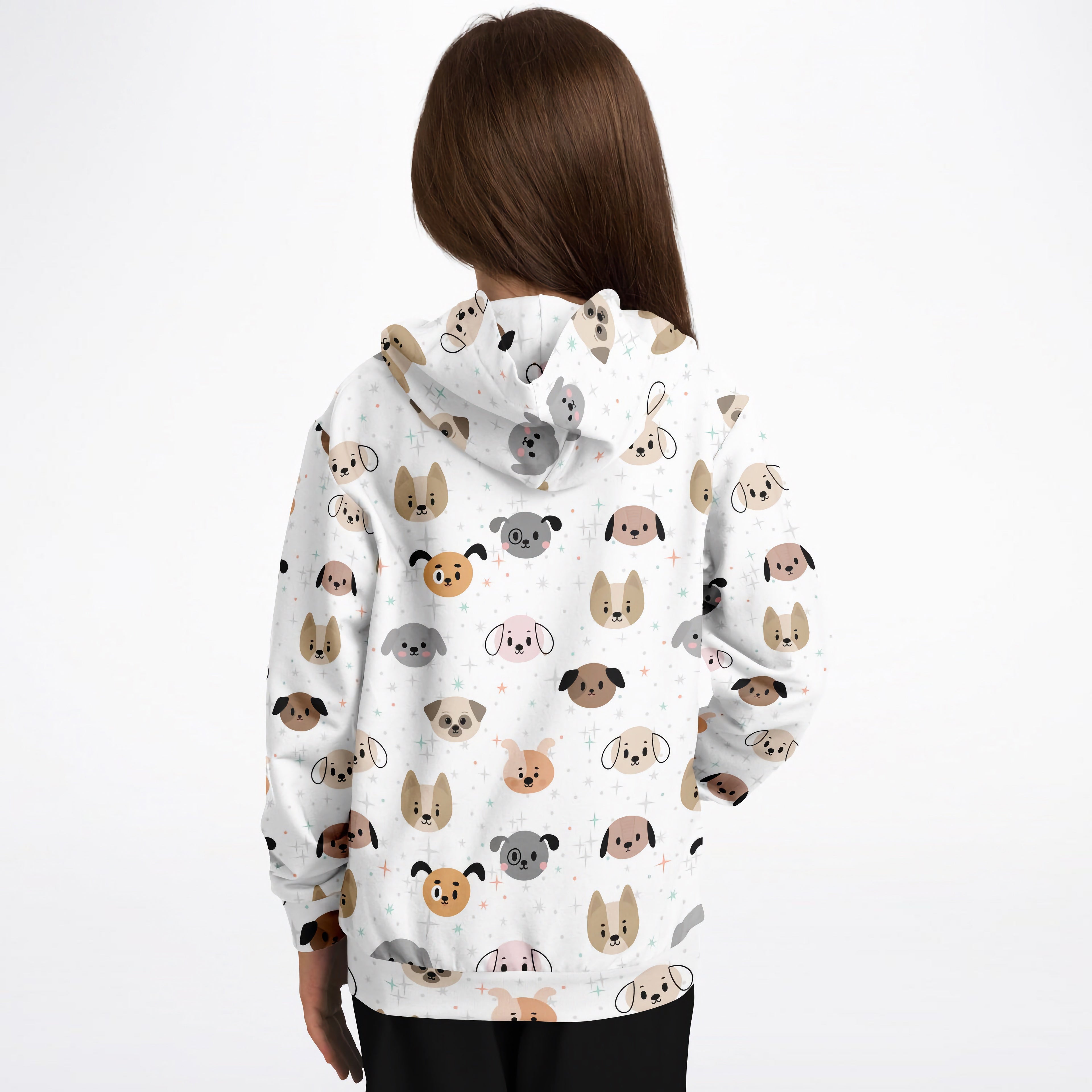 White kids dog face hoodie with colorful cartoon dog pattern made of cozy cotton fleece or lightweight sports fabric